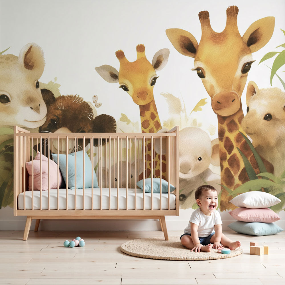 Jungle animals mural wallpaper in modern nursery with giraffe and safari creatures by Kids-Mundo