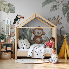 Jungle animals mural wallpaper featuring elephant, monkey and giraffe in tropical nursery by Kids-Mundo