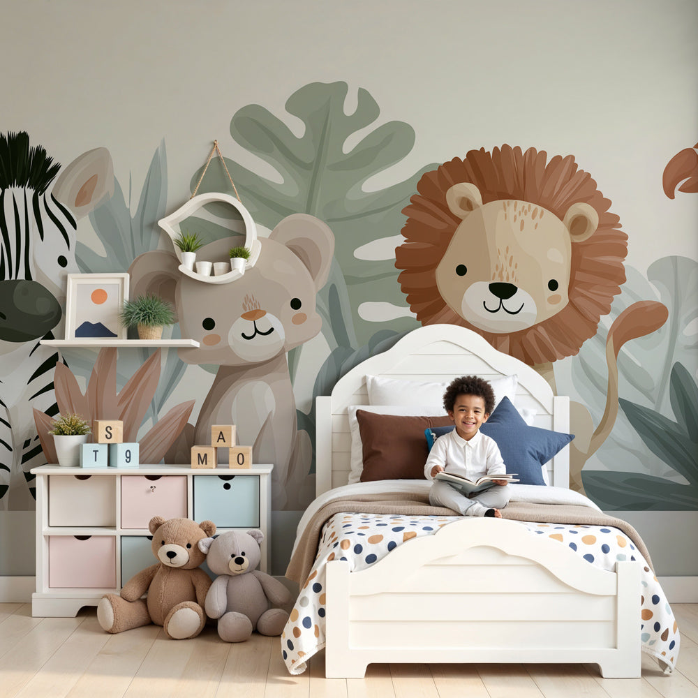 Jungle animals mural wallpaper featuring safari characters in soft colors for modern nursery by Kids-Mundo