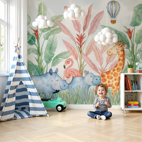 Jungle animals mural wallpaper with safari characters in modern kids nursery by Kids-Mundo