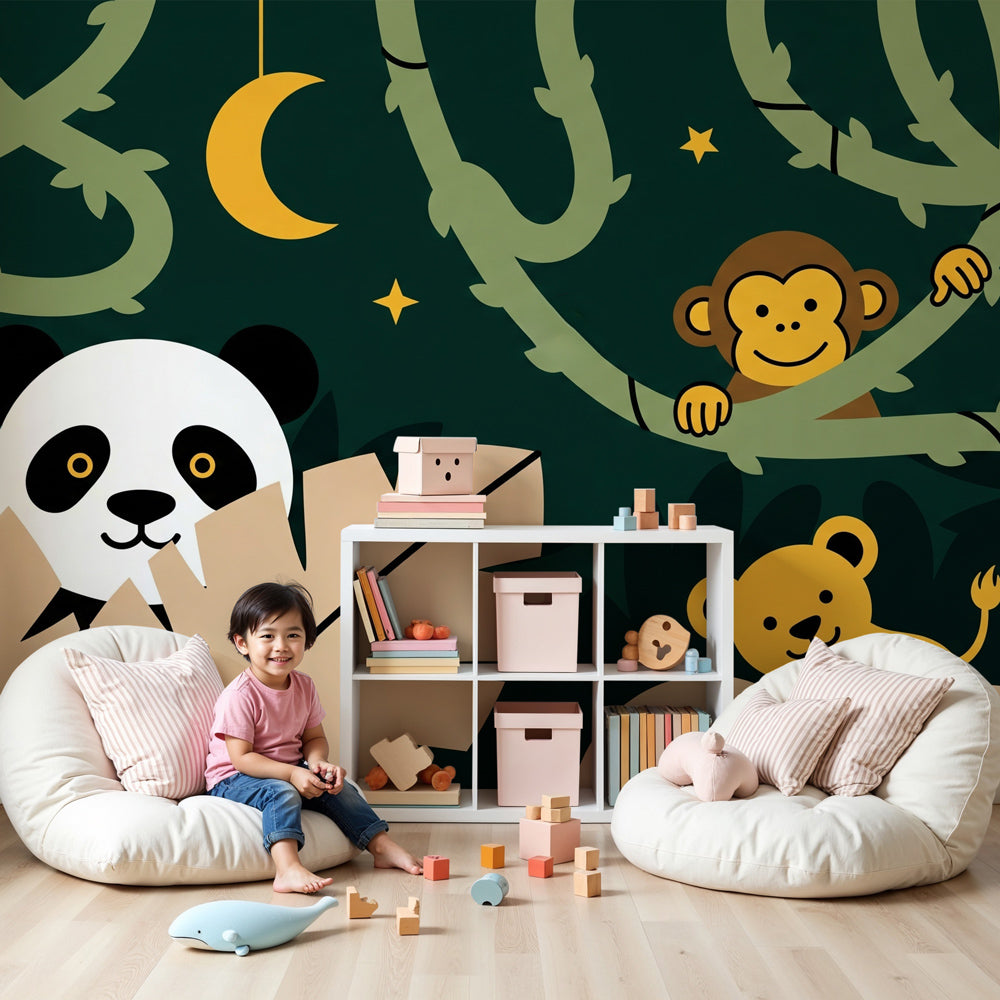 Jungle animals mural wallpaper featuring panda and lion in modern kids nursery by Kids-Mundo