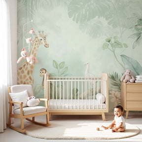 Soft tropical jungle animals mural wallpaper in peaceful nursery setting by Kids-Mundo