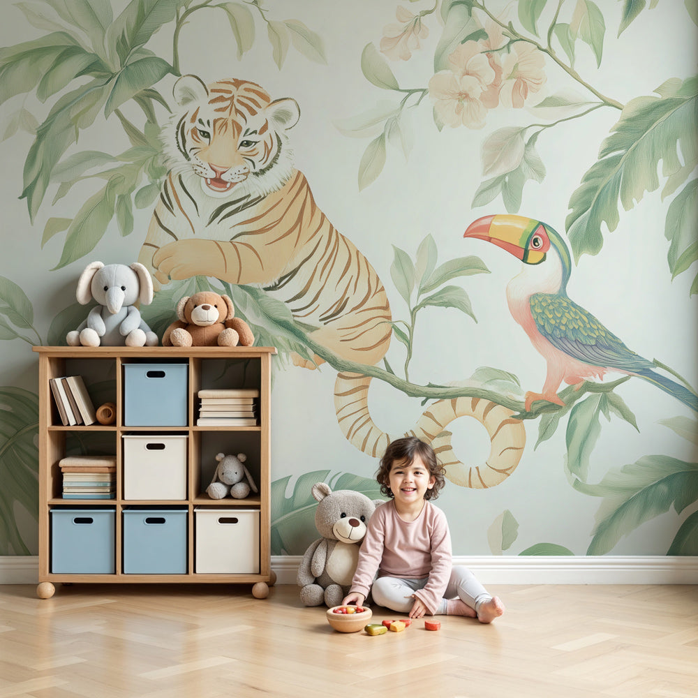Jungle animals mural wallpaper with tigers and toucans decorating modern nursery by Kids-Mundo