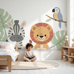 Jungle animals mural wallpaper with zebra and lion in modern nursery room by Kids-Mundo