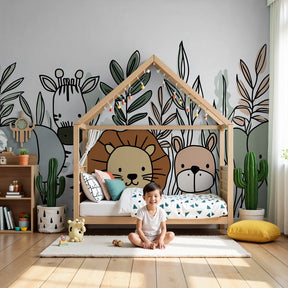 Jungle animals mural wallpaper in modern nursery with safari elephant and lion design by Kids-Mundo