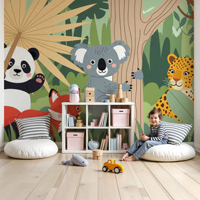 Jungle animals mural wallpaper featuring safari creatures in modern nursery room by Kids-Mundo