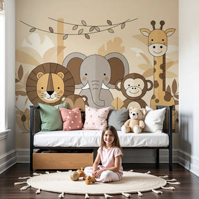 Jungle animals mural wallpaper with safari friends in modern nursery room by Kids-Mundo