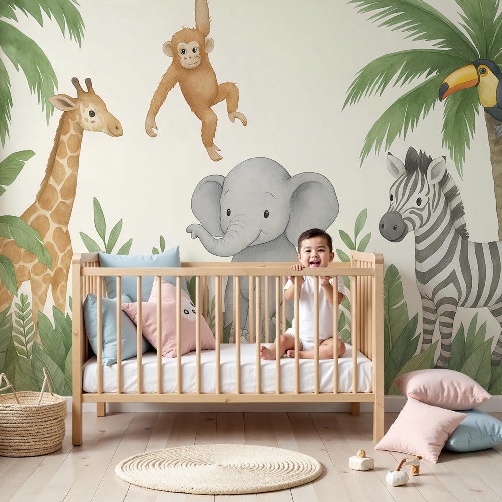 Jungle animals mural wallpaper in modern nursery with safari theme decor by Kids-Mundo