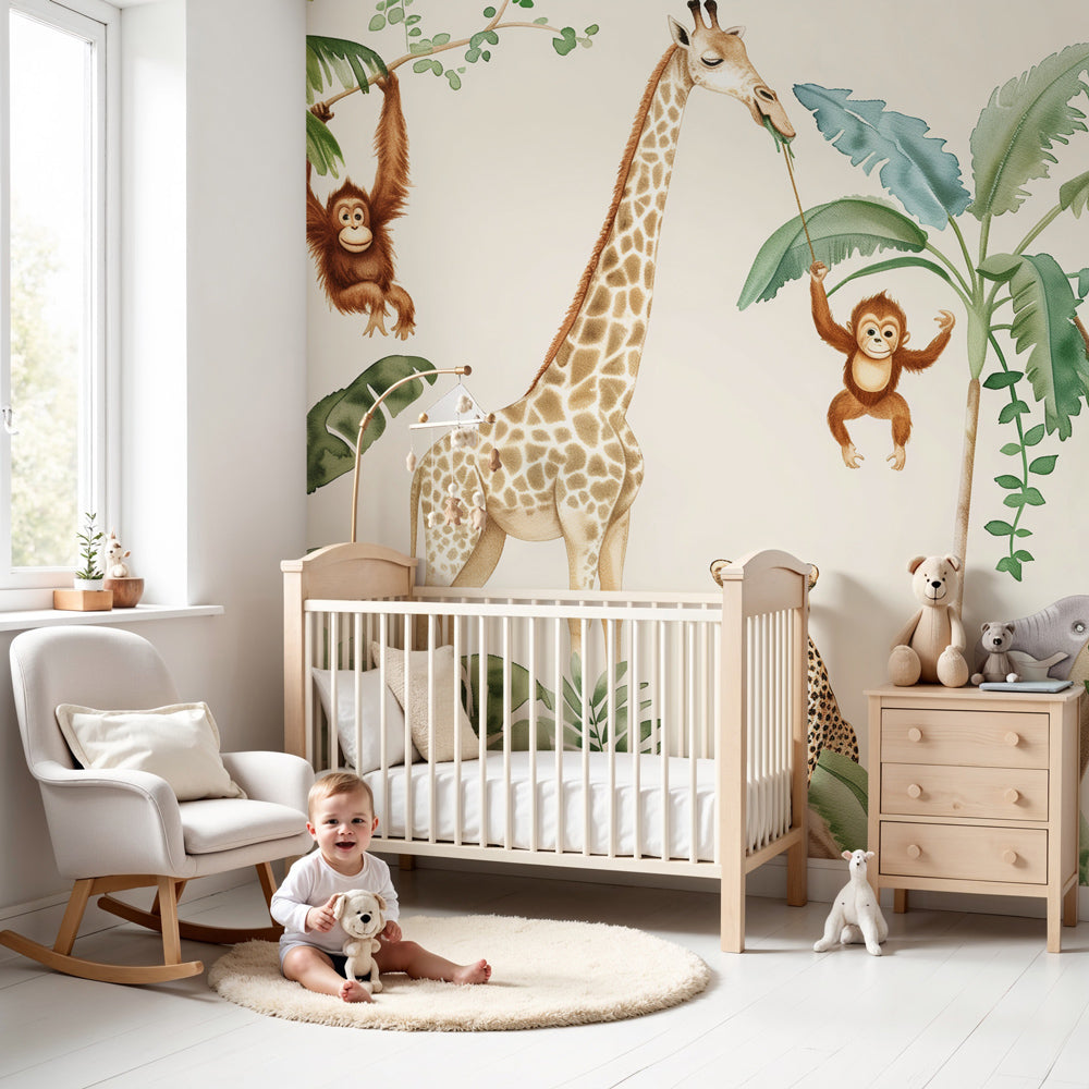Jungle animals mural wallpaper creating adventurous nursery decor with lush green foliage by Kids-Mundo