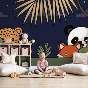 Jungle animals mural wallpaper with nocturnal safari theme in modern nursery by Kids-Mundo