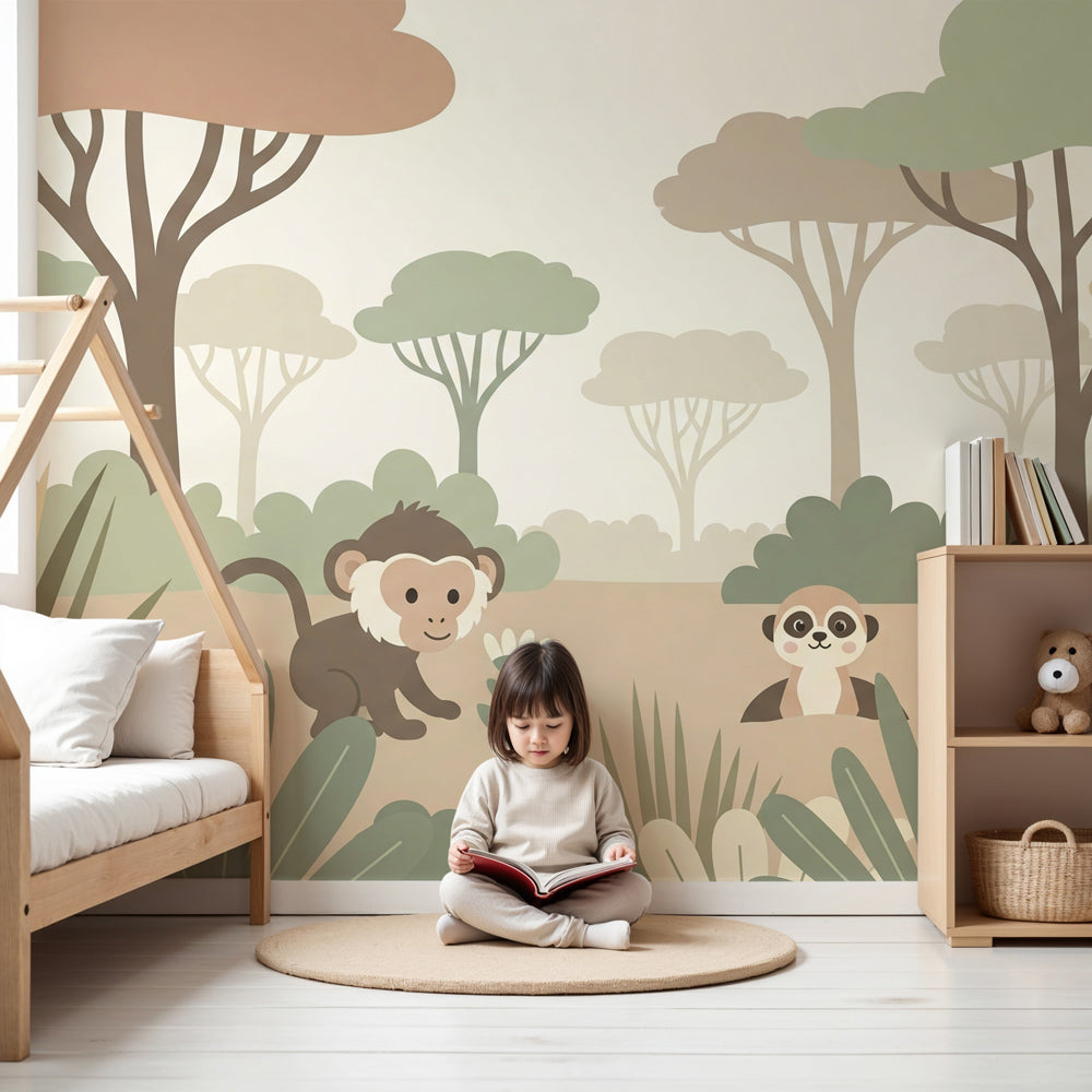 Jungle animals mural wallpaper with monkey and meerkat in modern nursery by Kids-Mundo