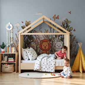 Jungle animals mural wallpaper with cute safari friends decorating modern nursery by Kids-Mundo