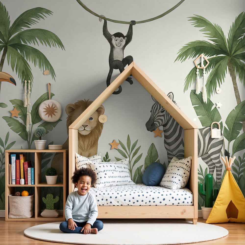 Jungle animals mural wallpaper with safari theme in modern kids nursery by Kids-Mundo