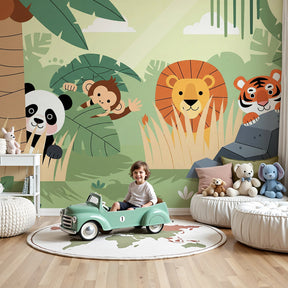 Jungle animals mural wallpaper creating safari adventure nursery with colorful wildlife by Kids-Mundo
