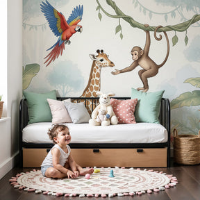 Jungle animals mural wallpaper with giraffe and monkey in modern nursery by Kids-Mundo