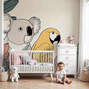 Jungle animals mural wallpaper with koala and parrot in modern nursery by Kids-Mundo