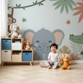 Jungle animals mural wallpaper with elephant and monkey in modern nursery by Kids-Mundo