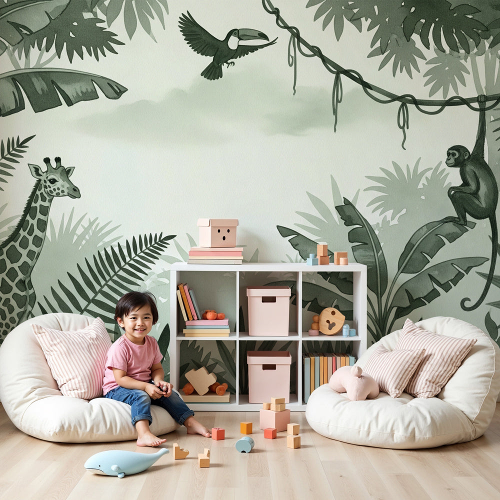 Jungle animals mural wallpaper creating safari-themed nursery with giraffe and monkey by Kids-Mundo