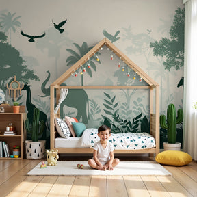 Jungle animals mural wallpaper with elephants and giraffes in modern nursery by Kids-Mundo