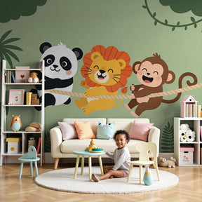 Jungle animals mural wallpaper with panda lion monkey in modern kids nursery by Kids-Mundo