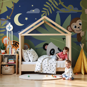 Jungle animals mural wallpaper with tiger, panda and monkey in modern nursery by Kids-Mundo