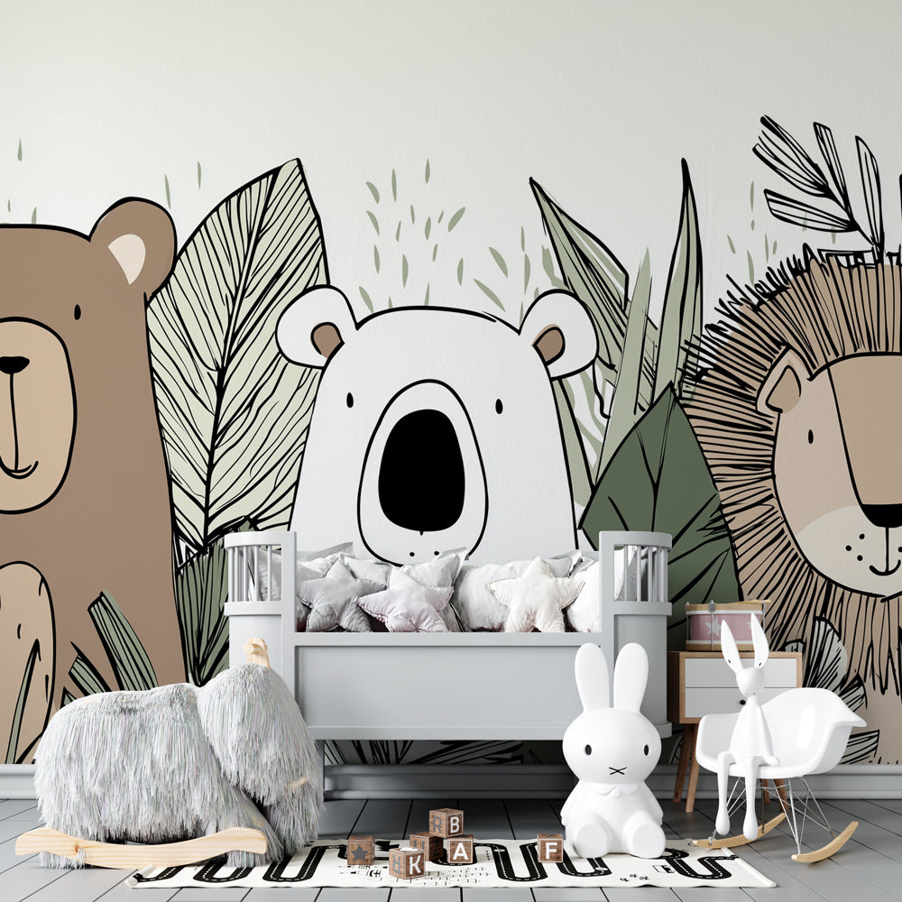 Whimsical jungle wallpaper with friendly animals transforming children's playroom space