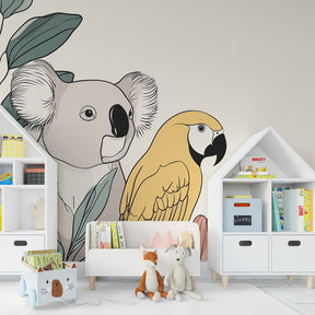 Koala and parrot wallpaper transforming kids playroom into exotic jungle adventure space