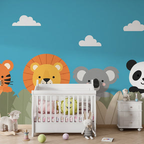 Colorful jungle theme mural wallpaper transforming kids playroom into wildlife adventure space