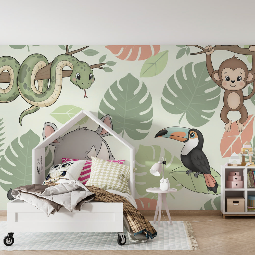 Colorful jungle animal wallpaper with parrot and monkey characters in children's playroom setting