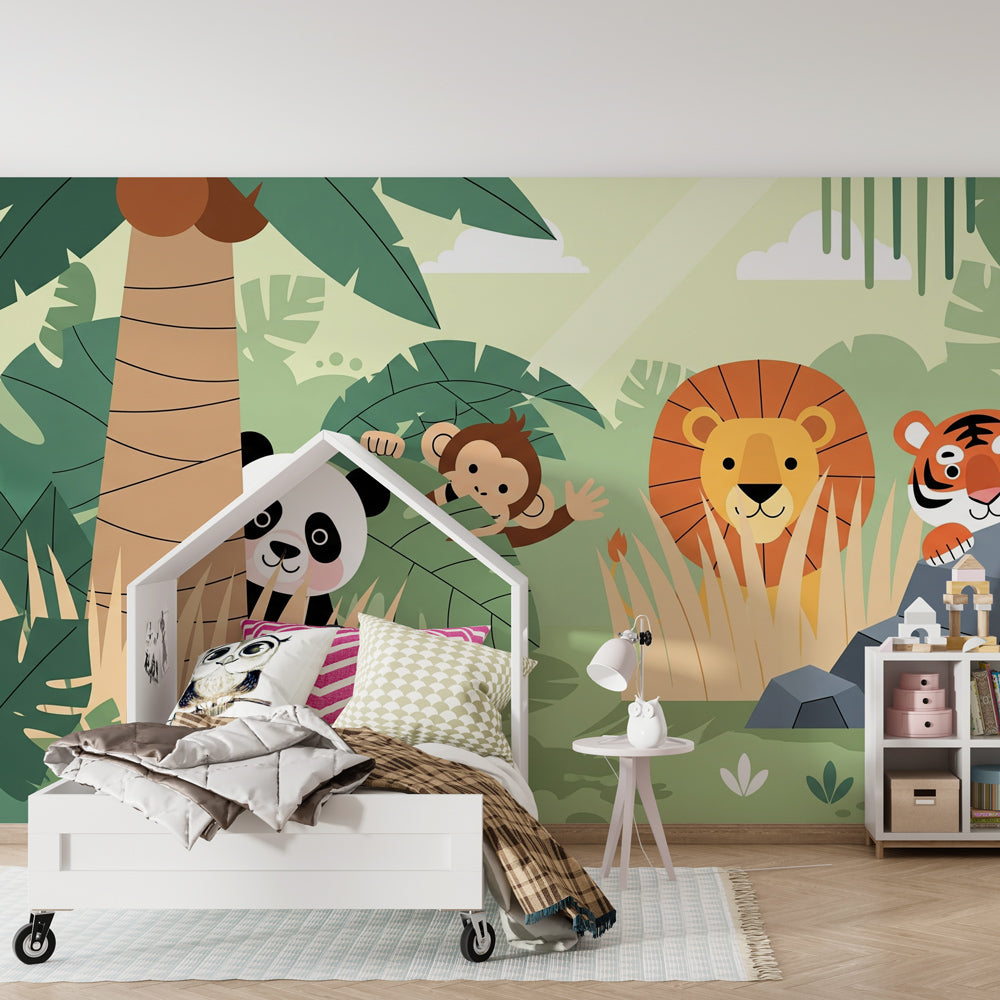 Tropical jungle animal wallpaper transforming children's playroom with vibrant safari theme