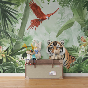 Green jungle mural wallpaper with exotic animals transforming children's playroom space