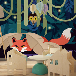 Safari animal mural wallpaper transforming children's playroom into jungle adventure space