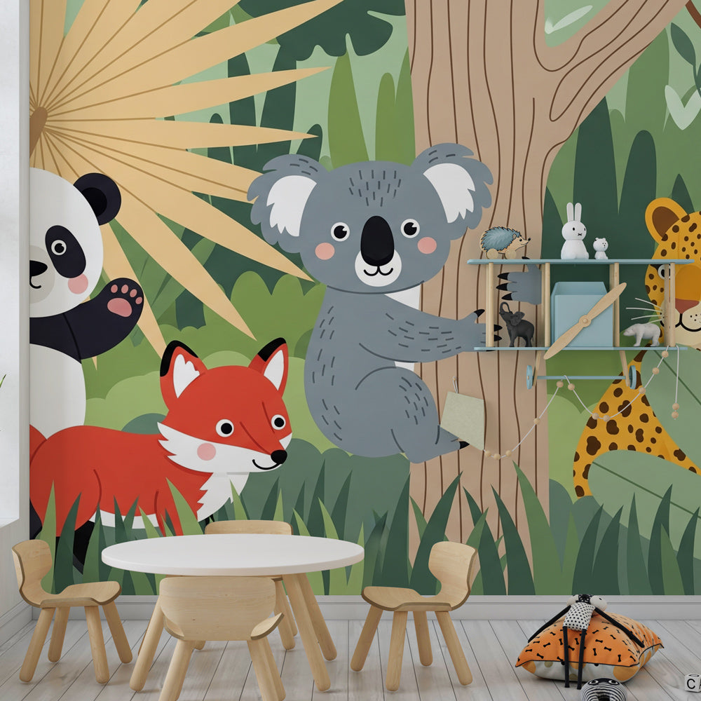 Safari animals wallpaper transforming children's playroom into jungle adventure space
