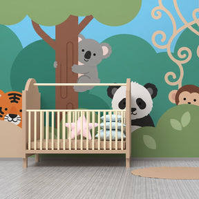 Colorful jungle animals wallpaper with tiger and foliage in children's playroom by Kids-Mundo