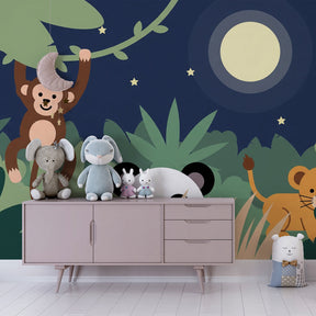 Safari adventure mural wallpaper transforming kids playroom with starlit jungle scenes and animal friends