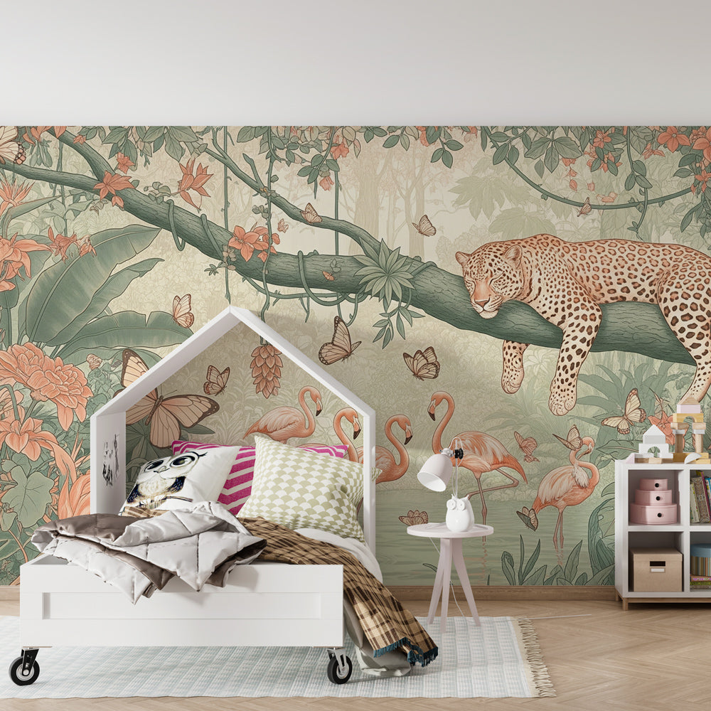 Leopard and flamingo wallpaper transforming kids playroom into wildlife adventure space