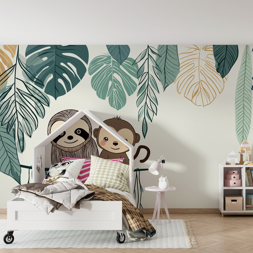Lush jungle wallpaper with hanging animals transforming children's playroom space