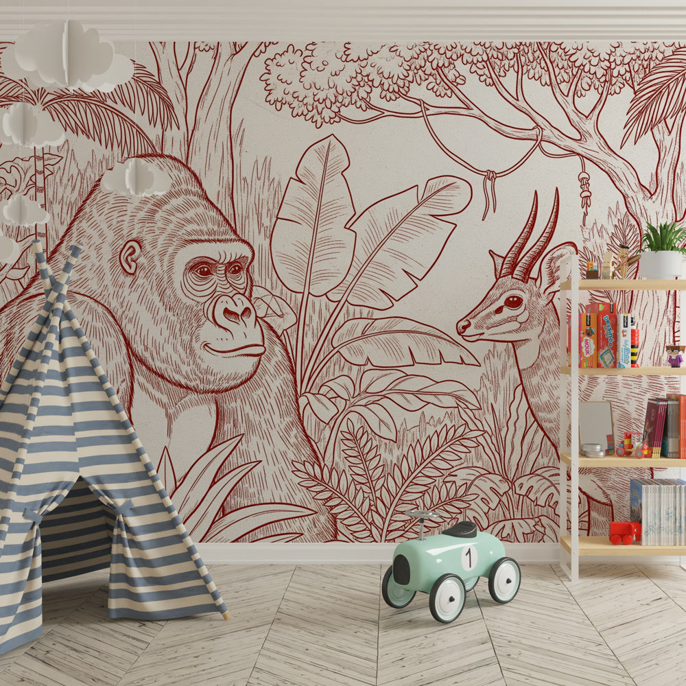 Adventure playroom decorated with jungle safari mural wallpaper showing gorilla and antelope