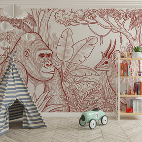 Adventure playroom decorated with jungle safari mural wallpaper showing gorilla and antelope