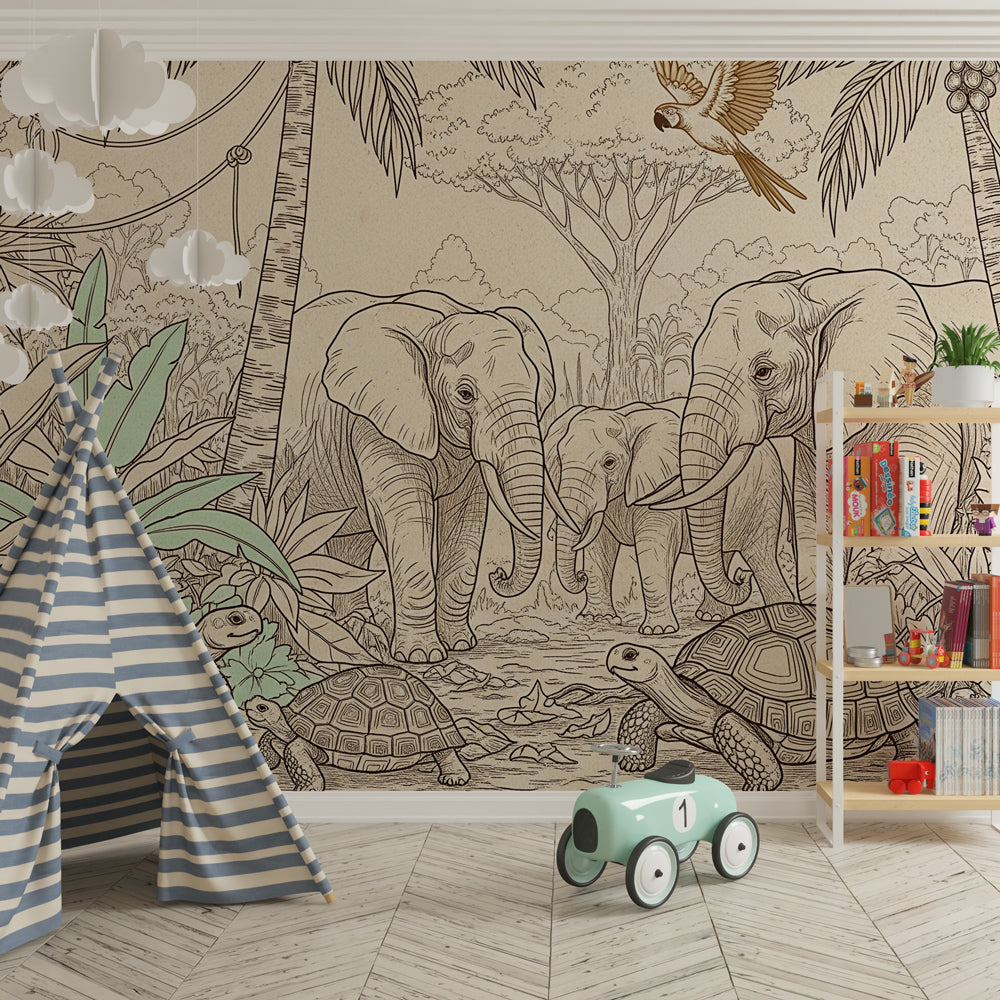 Educational jungle wallpaper featuring elephants and turtles in kids playroom setting