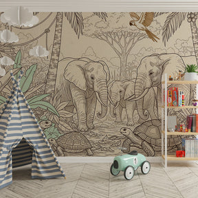 Educational jungle wallpaper featuring elephants and turtles in kids playroom setting