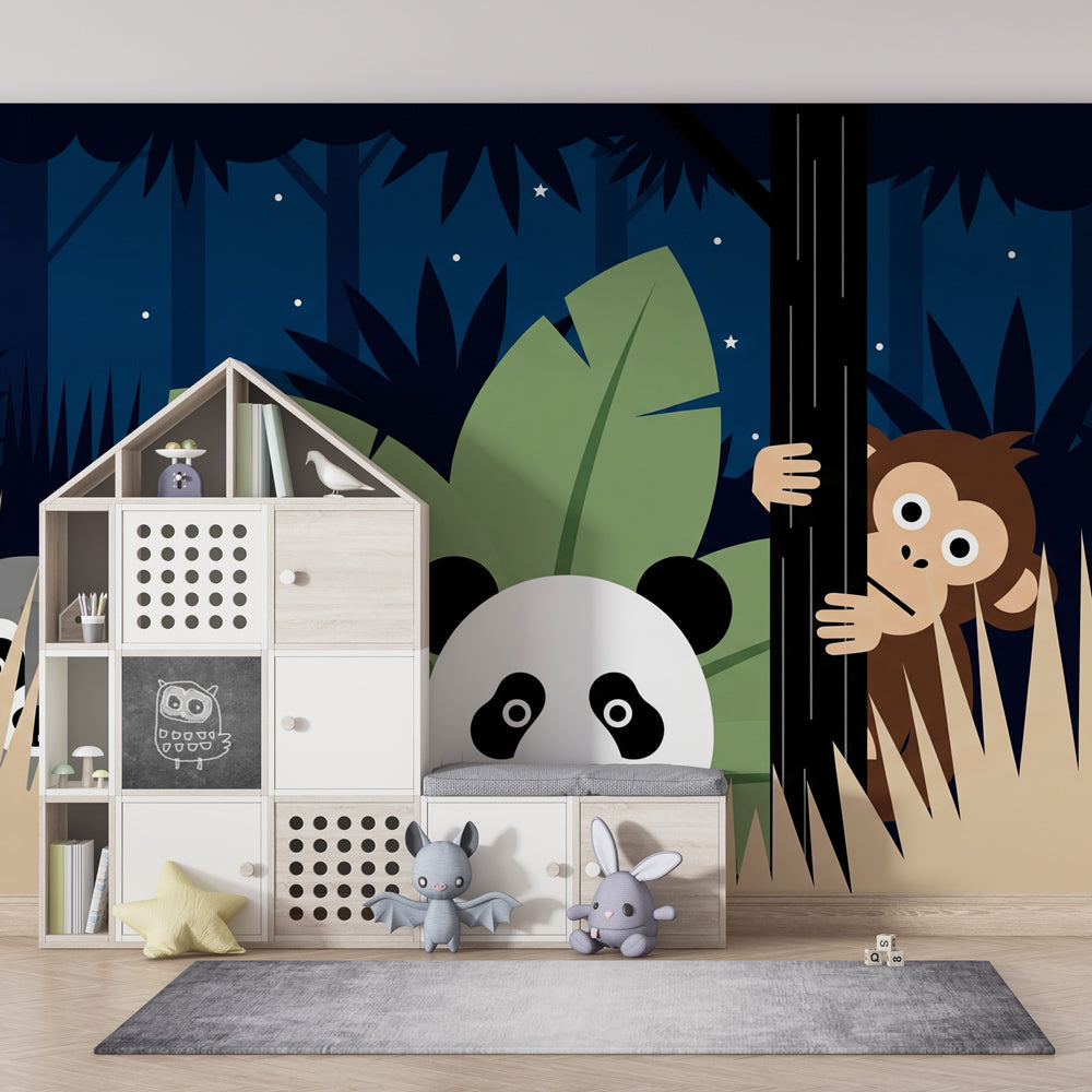 Blue jungle animals wallpaper transforming children's playroom into safari adventure space