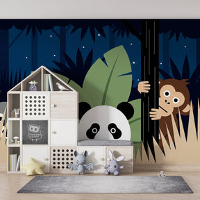 Blue jungle animals wallpaper transforming children's playroom into safari adventure space