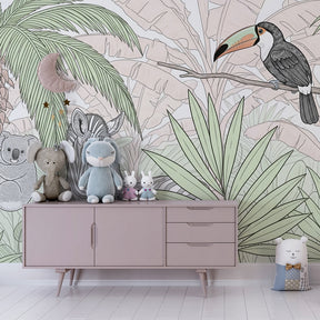 Tropical jungle wallpaper featuring colorful toucan in children's playroom decor