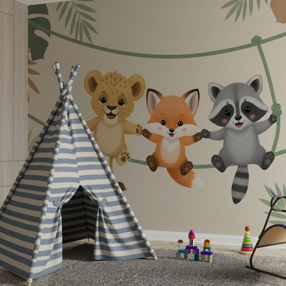 Cute jungle animals wallpaper creating adventurous kids playroom decor with pastel colors
