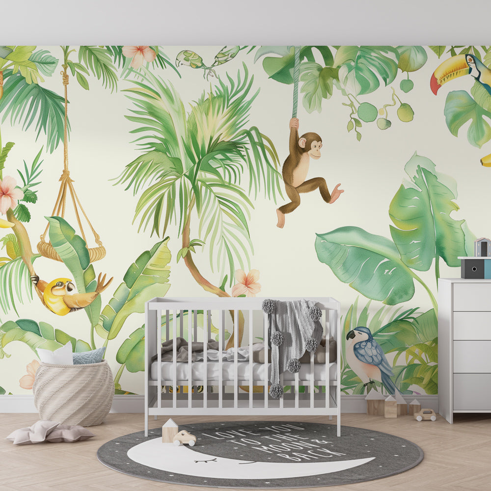 Vibrant jungle animals wallpaper with tropical birds and lush foliage in kids playroom setting