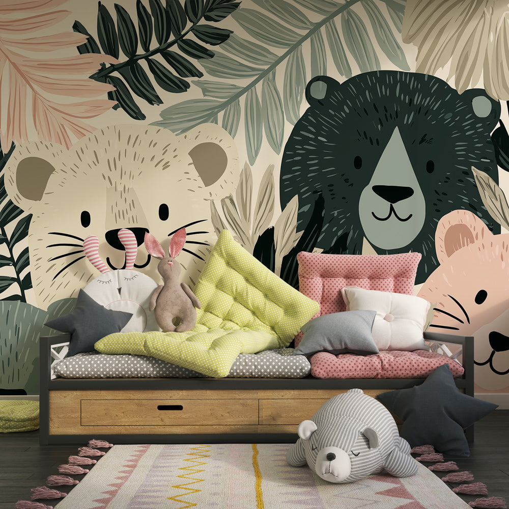 Baby jungle wallpaper featuring adorable woodland creatures in bright children's playroom by Kids-Mundo