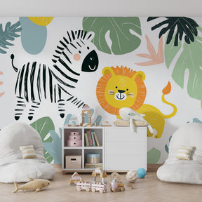 Colorful jungle animal wallpaper transforming children's playroom into safari adventure