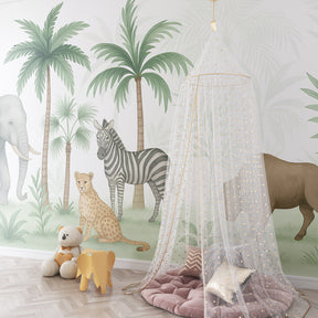 African animals wallpaper with zebra and leopard transforming kids playroom by Kids-Mundo