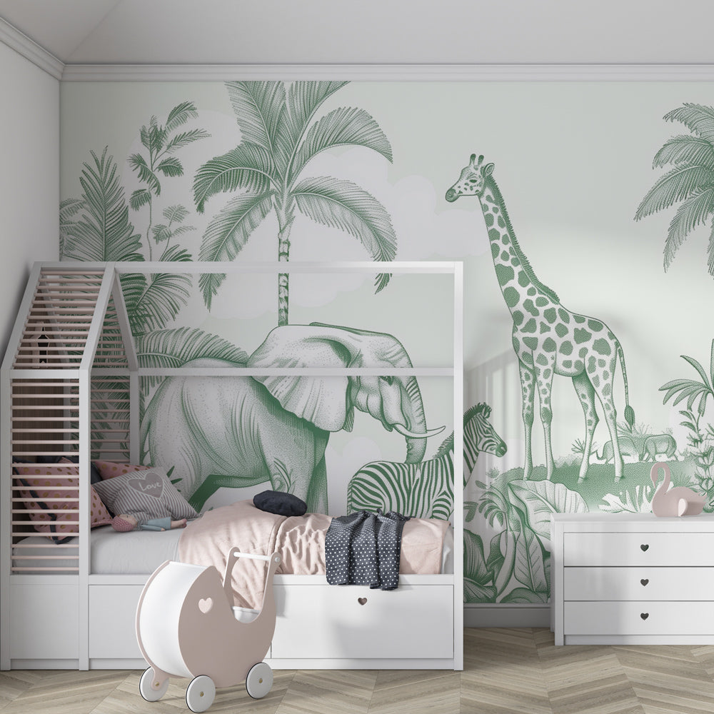 Tropical jungle mural wallpaper in children's playroom with safari animals and palm trees